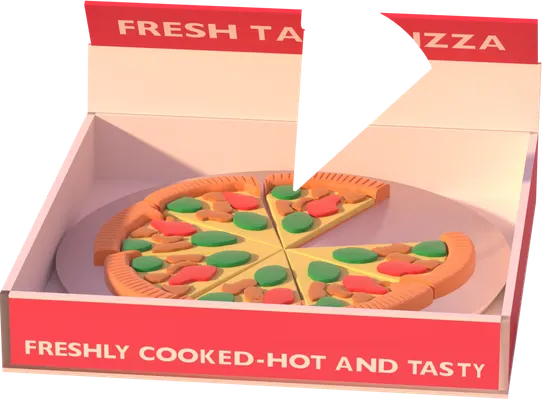An open pizza box of puzzle-eraser slices, one slice lifting out