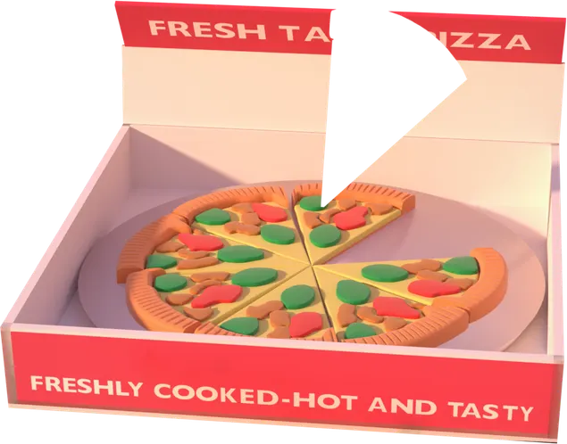 An open pizza box of puzzle-eraser slices, one slice lifting out