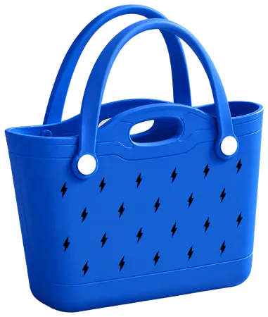 A royal blue tote with two handles, a hand-grip slot in the top panel and lightning-bolt cut-outs across the front