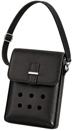 A black crossbody bag with a flap, a silver clasp and six round holes in its front panel