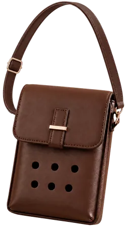 A brown crossbody bag with a flap, a brass clasp and six round holes in its front panel