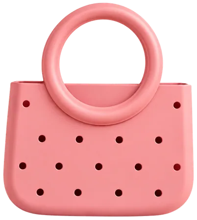 A coral ring-handle mini bag with one round handle and fifteen round holes across its body