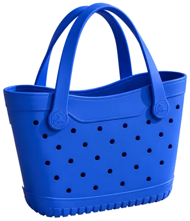 A royal blue scoop tote with a dipped top edge, two handles and round holes across the front