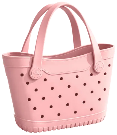 A small pastel pink scoop tote with a dipped top edge, two handles and round holes across the front