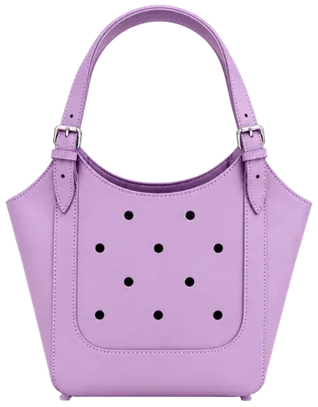 A lavender shoulder bag with two buckled straps and nine round holes in a raised patch on its front