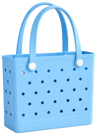 A sky blue solid bag with two handles, two white knobs and round holes across the front and the sides