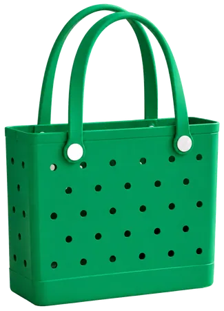 An emerald solid bag with two handles, two white knobs and round holes across the front and the sides