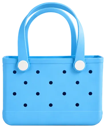 A sky blue tote with two handles, two white knobs and fourteen round holes across the front