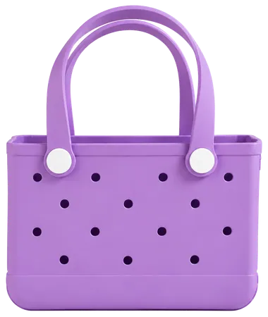 A lavender tote with two handles, two white knobs and fourteen round holes across the front