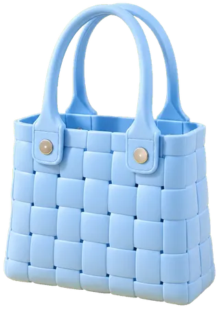 A sky blue woven tote in a chunky basket weave, with two rounded handles on gold-tone studs