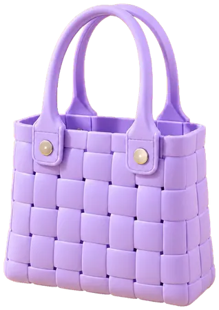 A lavender woven tote in a chunky basket weave, with two rounded handles on gold-tone studs