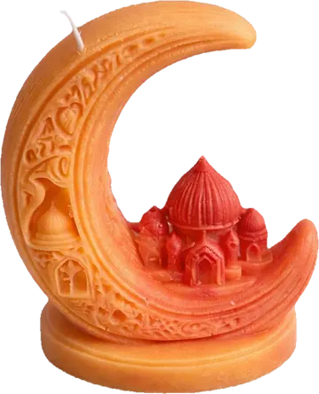 A candle shaped as a crescent moon holding a small mosque, in orange and red, on a round base