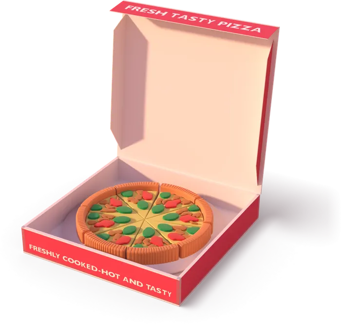 The pizzeria box with its lid open and the eight slices inside