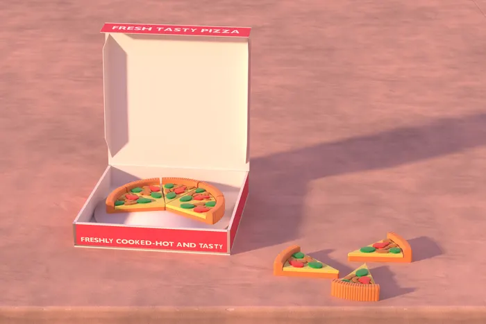 The open pizza box on the ledge with three slices lifted out